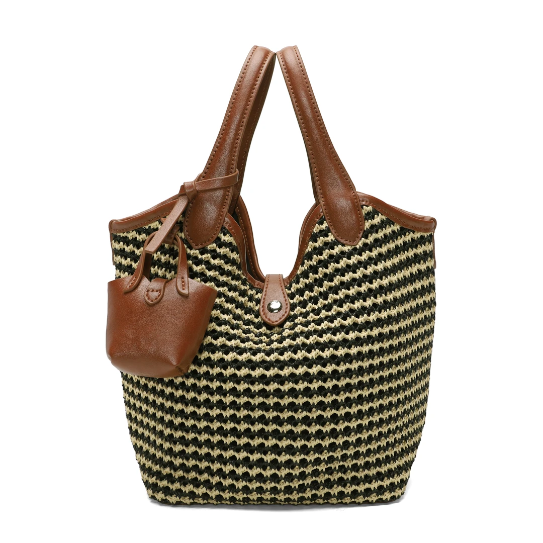 【张丫丫优选】时尚拉菲草手提单肩女包1951#拉菲草黑/棕