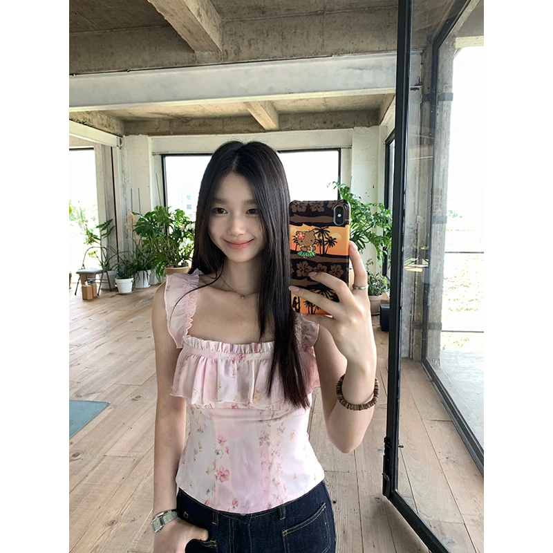 王少女YOKLASS 【清清】粉色印花无袖雪纺衫设计感上衣 X33558S52