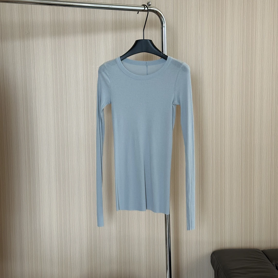 WMM修身水蓝细坑条圆领长袖百搭打底T恤女士纯色时尚