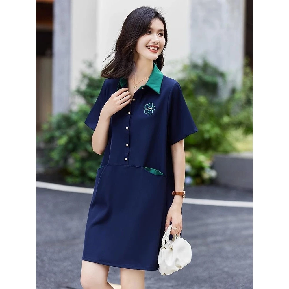 休闲衬衫领宽松型连衣裙女2025夏季新款韩版通勤拼接裙子