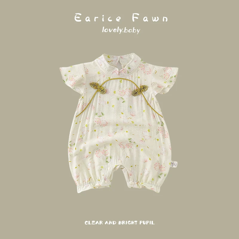 YM男女宝宝夏天可爱新中式连体衣婴幼儿满月百天国风生日礼服抱衣