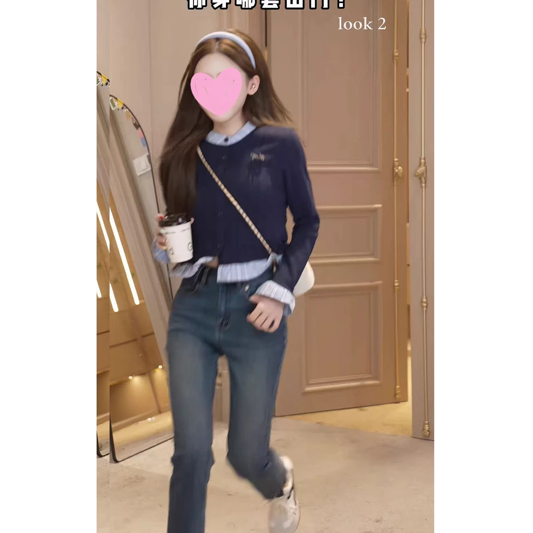 周楚楚同款女装学院风韩系穿搭假两件针织衫秋季款小众高级感上衣