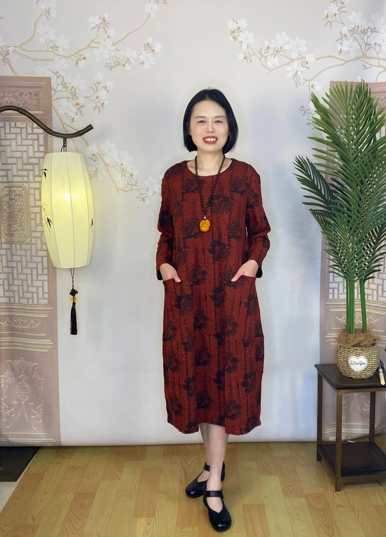 <春蔓花姿>春季民族风长袖圆领宽松休闲气质妈妈装女装连衣裙8885