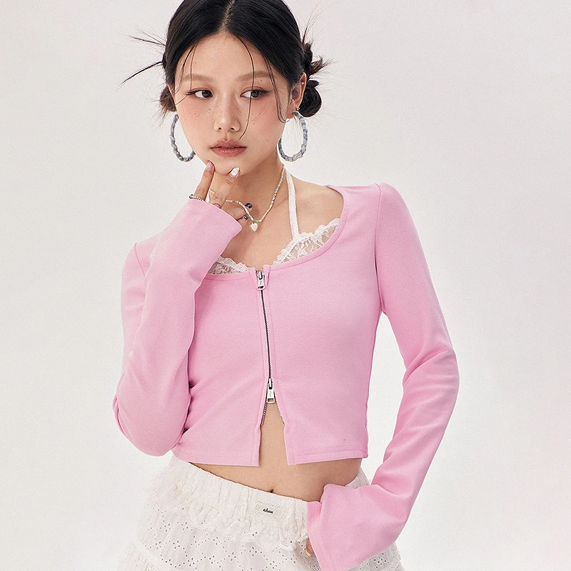 CHUU夏季女装假两件设计蕾丝拼接百搭辣妹穿搭显瘦纯欲风外套