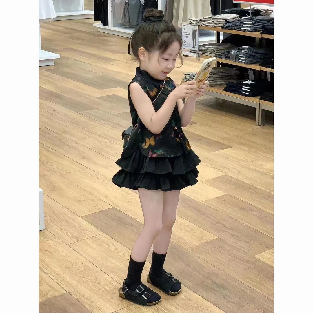 杰米熊女童夏季套装2025新款女宝宝新中式国风上衣时尚蛋糕百褶裙