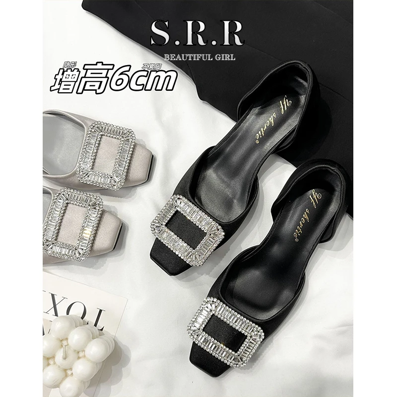增高6cm雪花水钻扣浅口单鞋女2025夏季新款法式透气中空缎面凉鞋