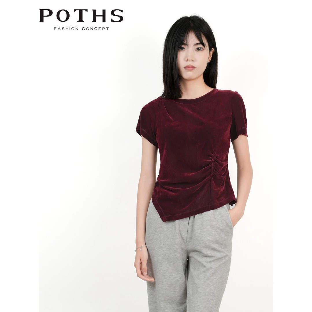 POTHS/铂玺2025新款不规则压褶金丝绒短袖T恤女修身上衣85601156