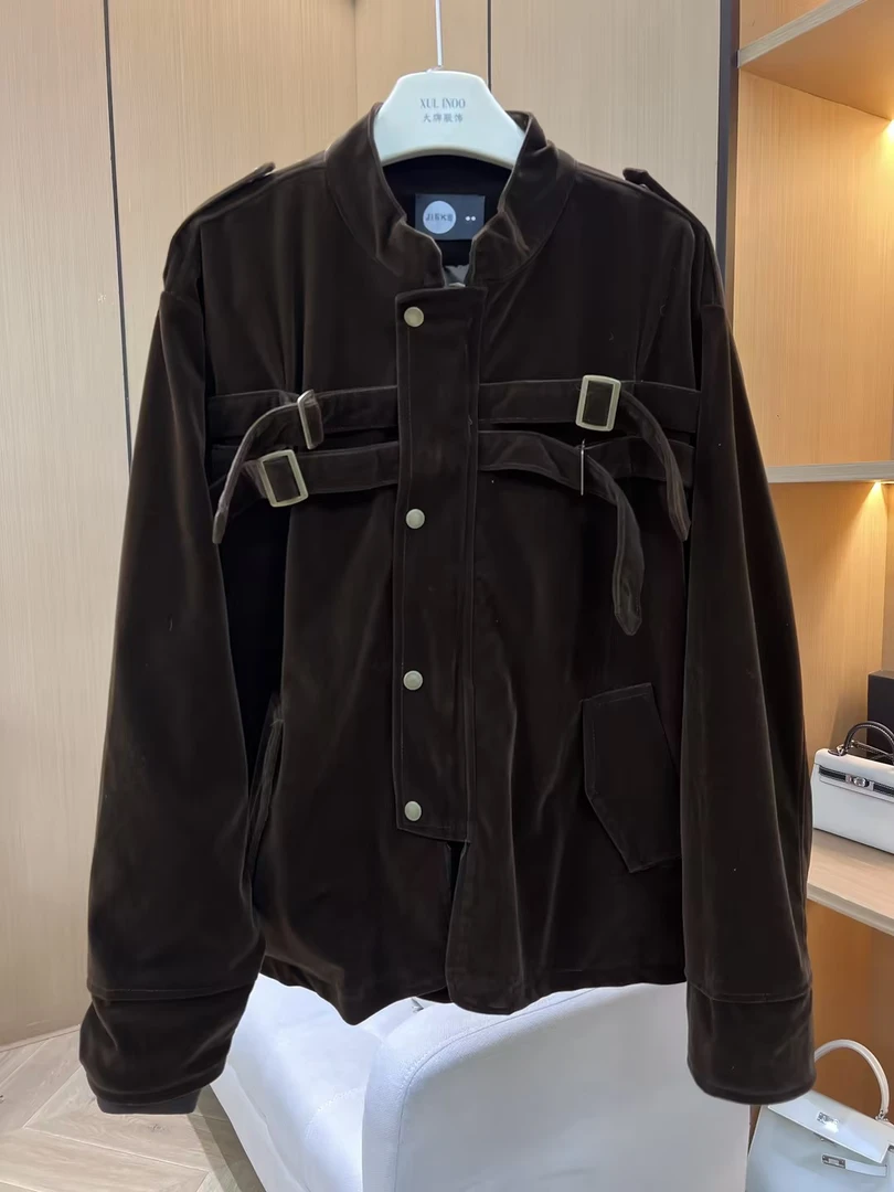 丨秋冬新款棕色美式复古拼接设计高级立领高级感休闲外套 5786