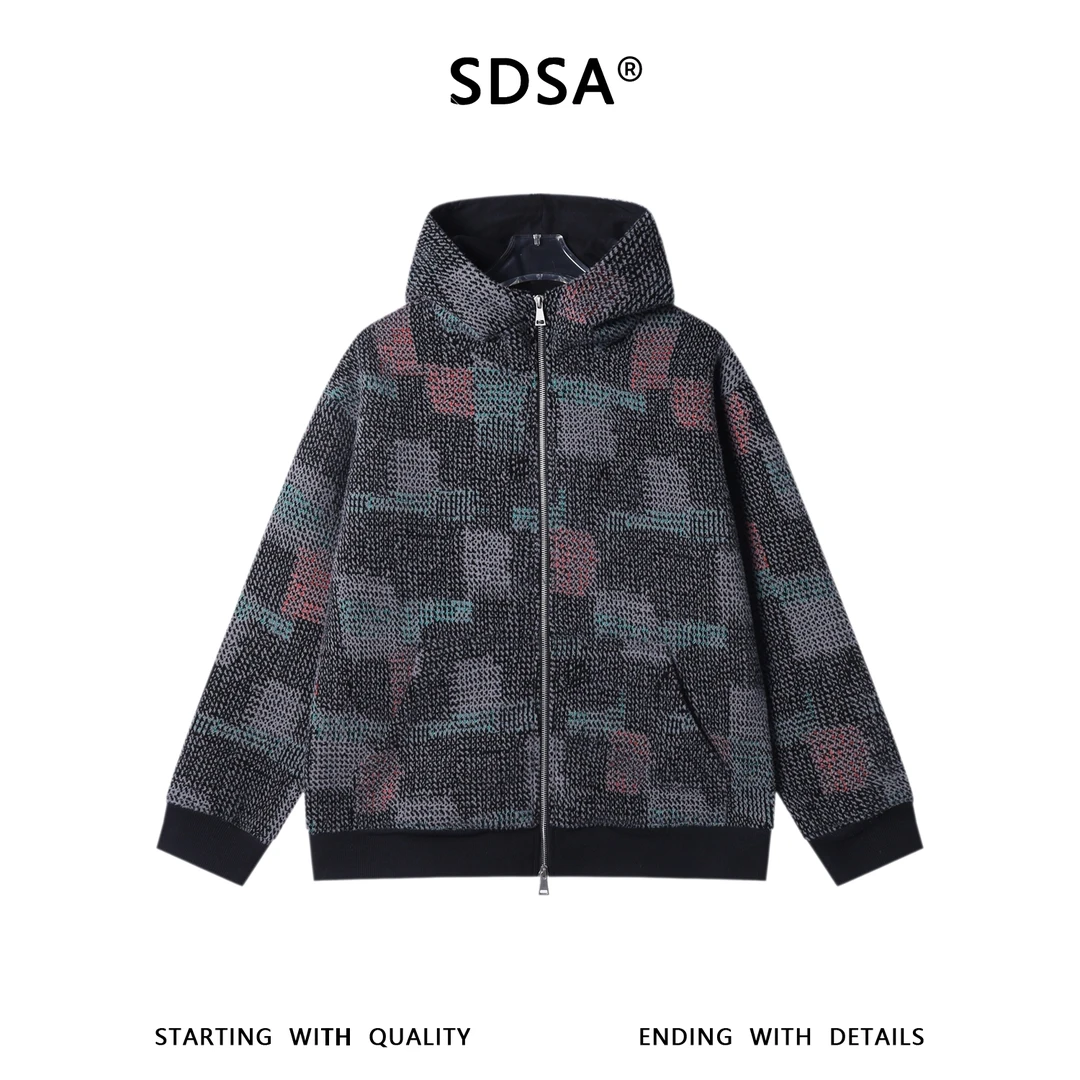 SDSA秋冬新款痞帅男装潮牌不规则撞色格子拉链立领连帽卫衣外套潮