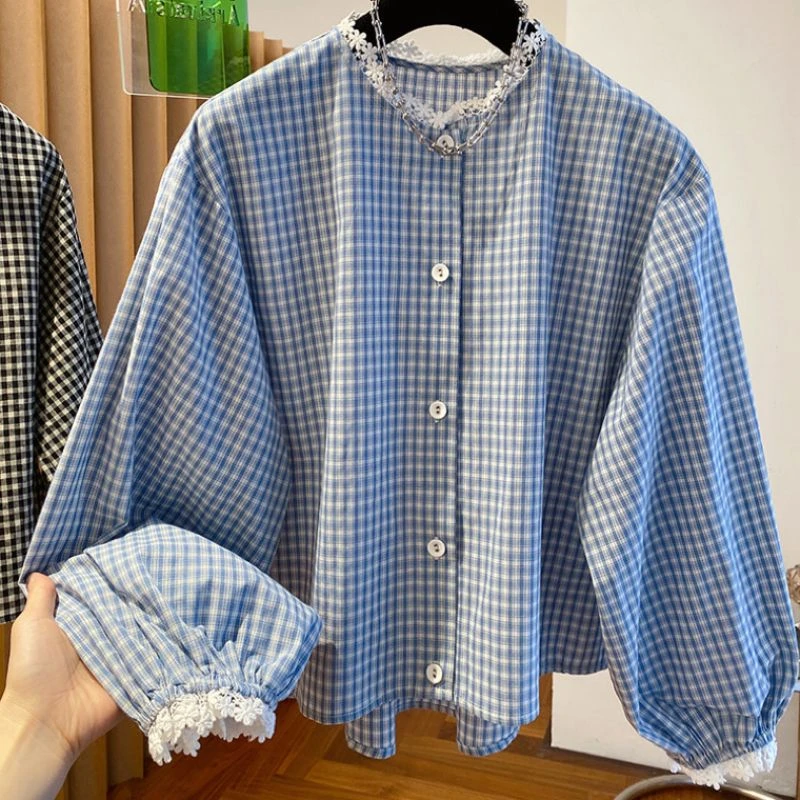 短款圆领格子春季蕾丝灯笼袖衬衫长袖格子衬衫休闲宽松衬衣