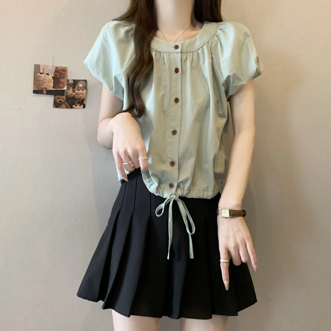 大码女装甜美泡泡袖衬衫女夏设计感抽绳短袖衬衣小清新绿色上衣