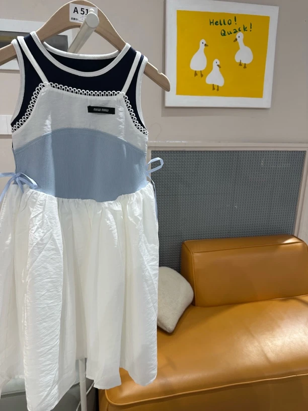 907-沫弛尔miu细女孩假两件连衣裙高智淡人风撞色纯色