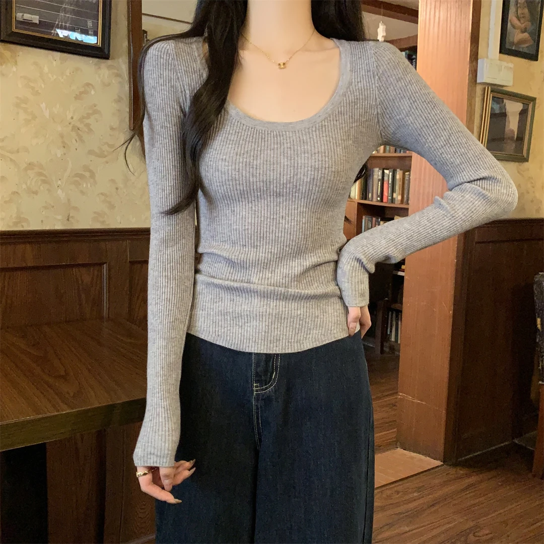 韩版气质低圆领辣妹打底上衣女2025春季坑条内搭肌理感长袖针织衫