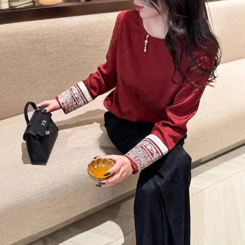 【李子淳】南油2025秋季新品高档人丝提花䄂口重工绣花新中式衬衫