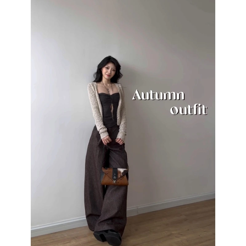 MARIE.COCO美式复古辣妹风三件套针织开衫内搭性感抹胸上衣阔腿裤