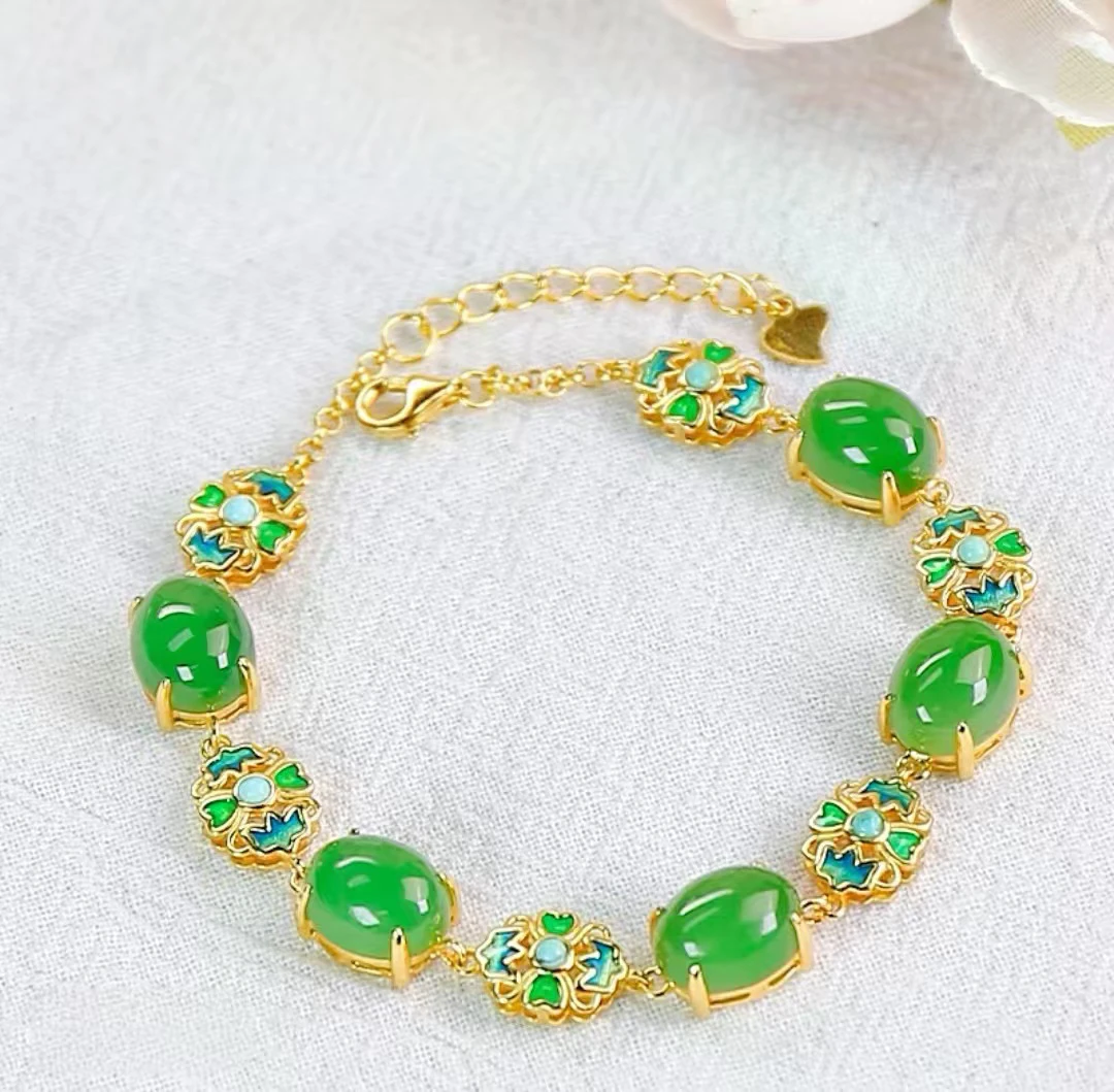 【限量补贴】999金珠新中式国风珐琅正冰阳绿青芽初绽珠宝玉石手链
