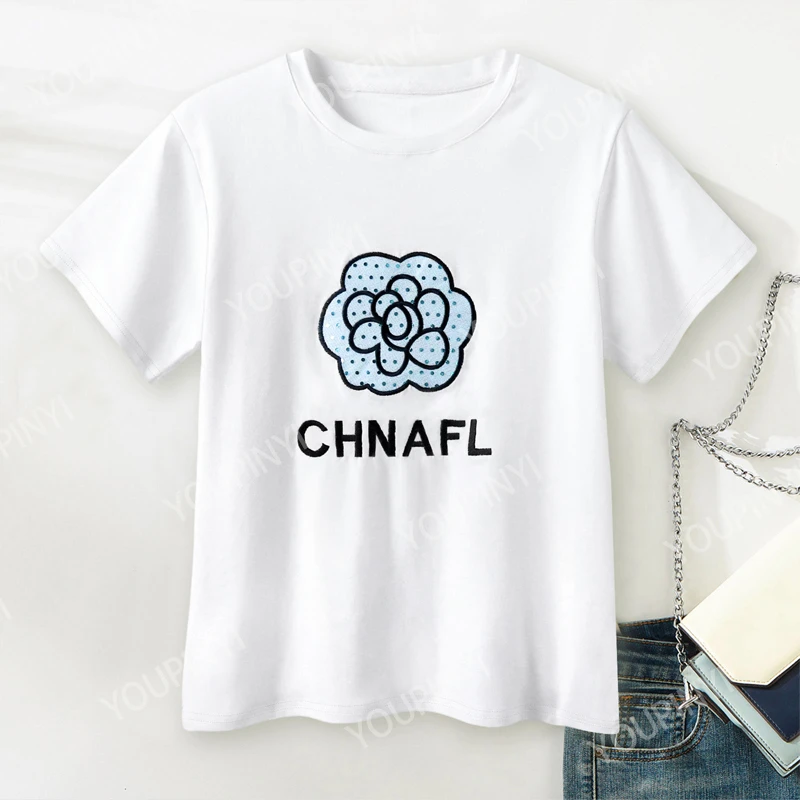 短袖T恤女2025夏季新款珠片贴布刺绣设计感显瘦百搭圆领上衣8436