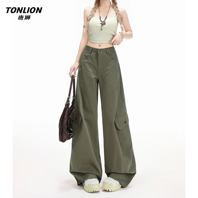 唐狮美式高街军绿阔腿工装休闲裤女设计感高腰宽松垂感弯刀长裤