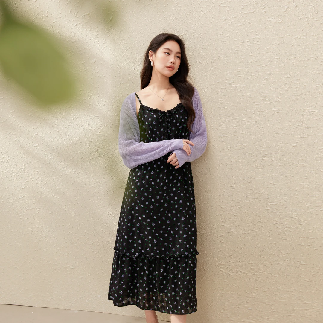 【花影漫步】纤莉秀W大码女装法式荷叶边领碎花垂感茶歇裙QK1347