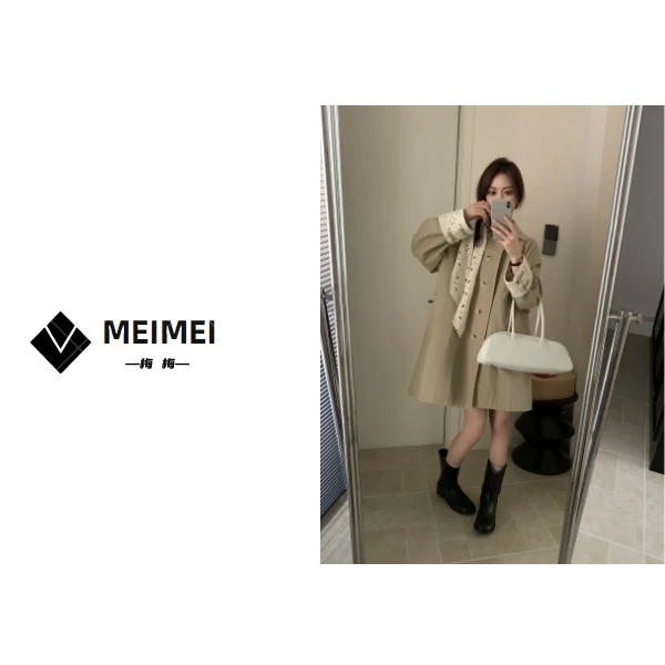 XMM.【打孔压花翻边袖风衣】时尚百搭潮流显瘦中长款镂空韩9242103W