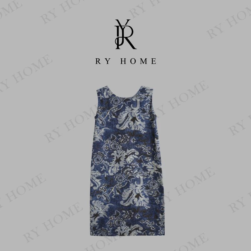 【容雨RYHOME】天丝亚麻混纺青花瓷国风印花无袖背心裙252L1427