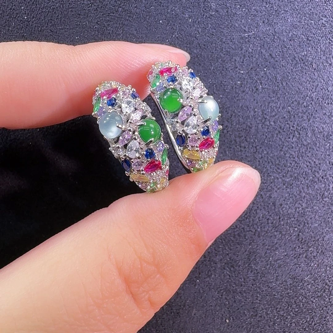 翡翠银S925镶嵌耳饰蛋面