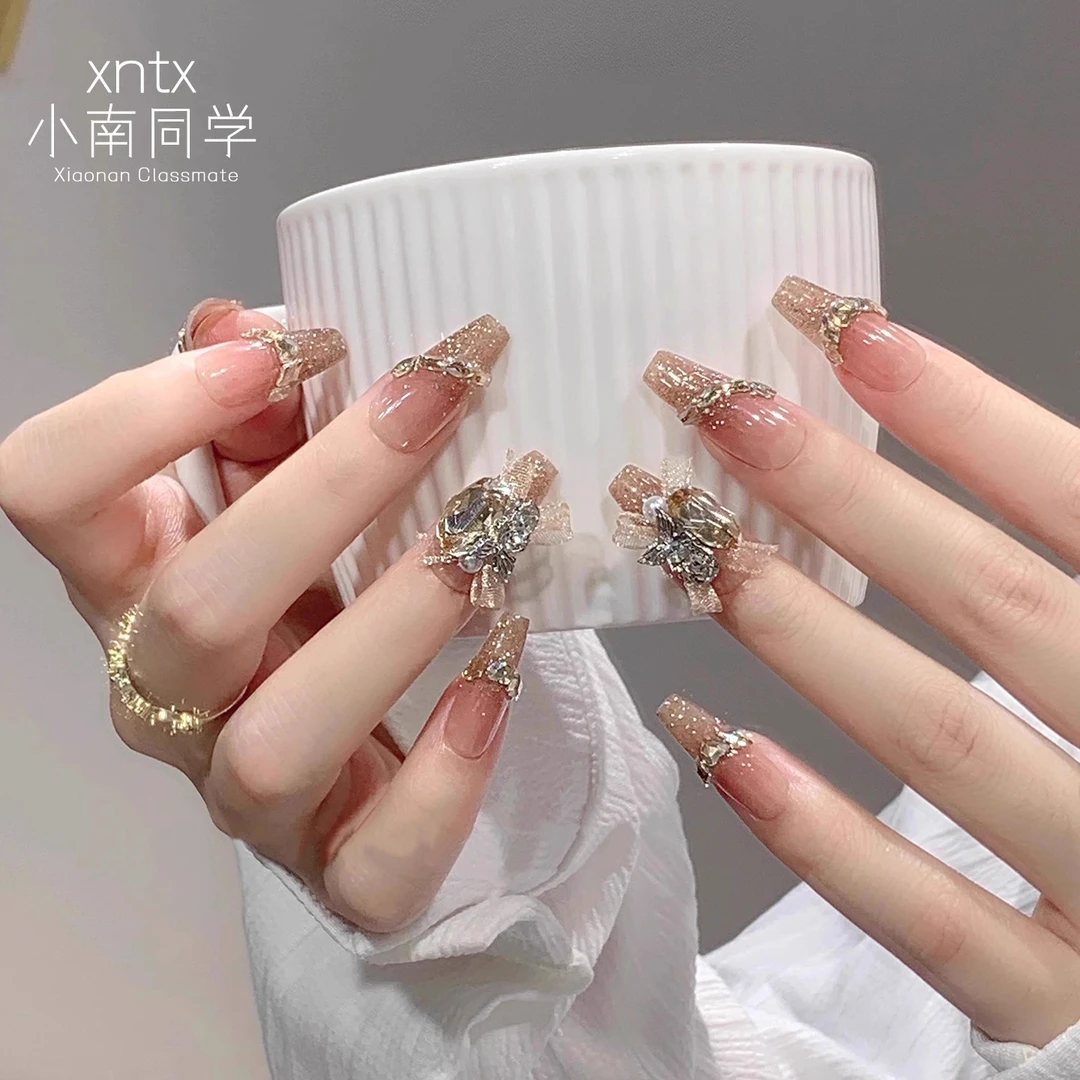 小南同学·【香槟芭蕾】原创设计|美甲手工穿戴甲金色碎钻假指甲贴片