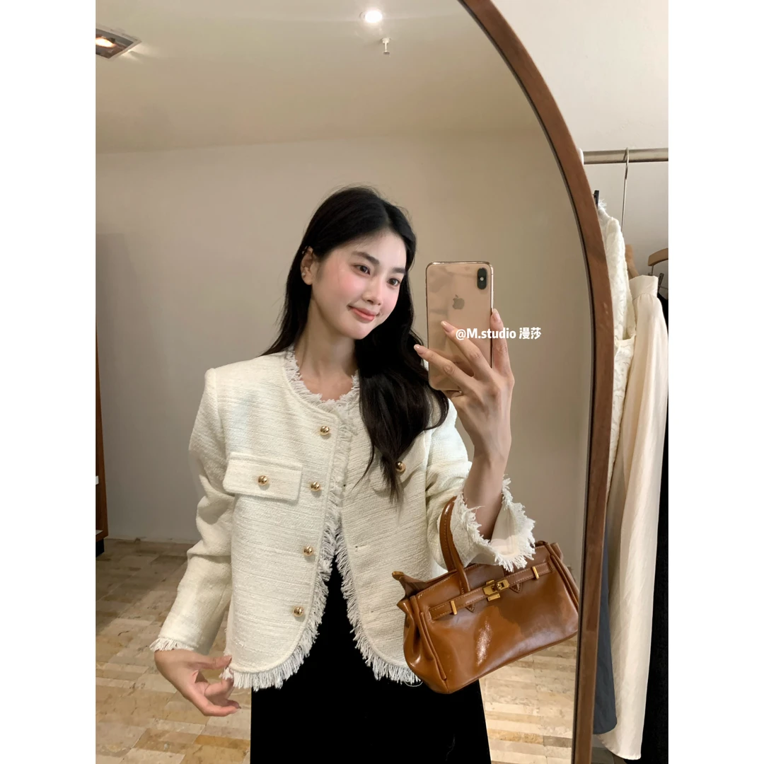 MSTUDIO漫莎-爆款回归微闪暗条须边入门级小香短外套7680