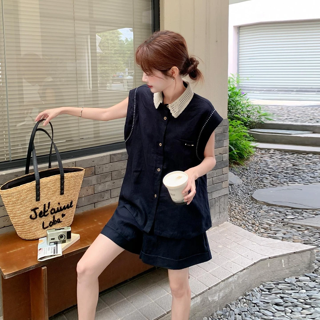 深蓝色针织翻领无袖衬衫套装女2025夏季小个子宽松休闲短裤两件套