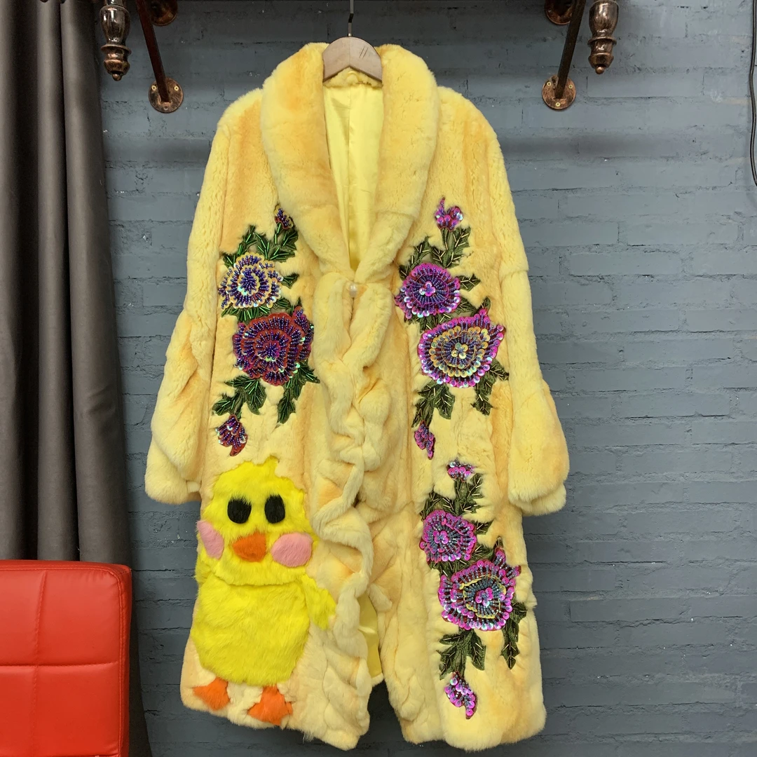 长款提花绣奶黄色草草外套毛毛外套
