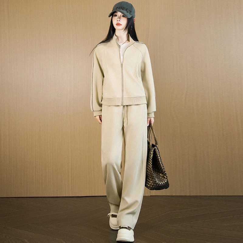 欧货加绒休闲运动套装女秋冬2025新款爆款开衫外套直筒长裤两件套