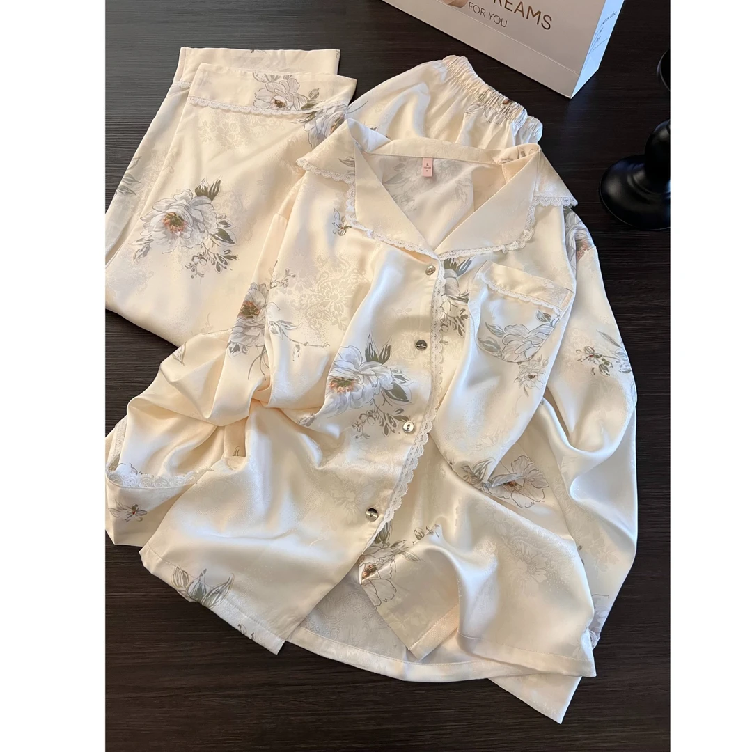 韩版蕾丝花边莲花冰丝睡衣女春秋新款小众长袖长裤居家套装可外穿