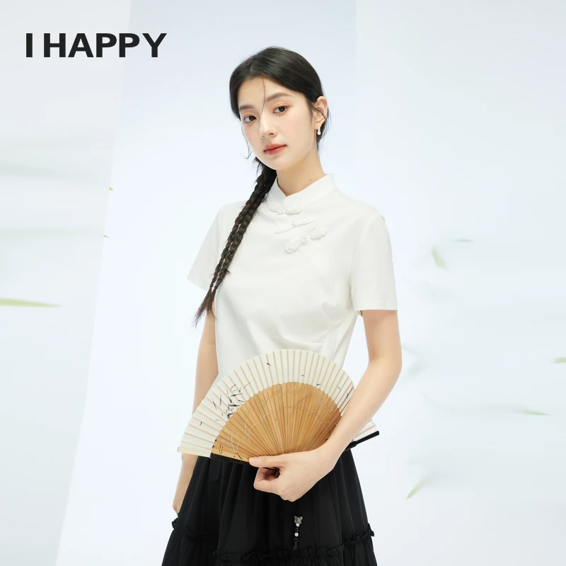 海贝新中式短袖T恤盘扣中国风小立领H4H04AW153