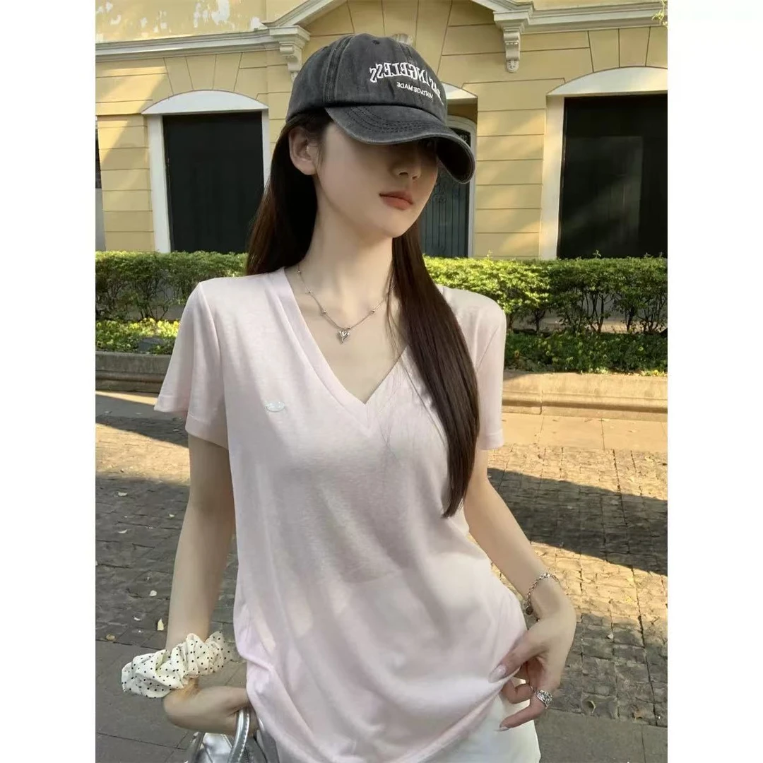【涵胖胖】2025慵懒甜美风短袖夏季V领正肩T恤女宽松显瘦上衣【B】