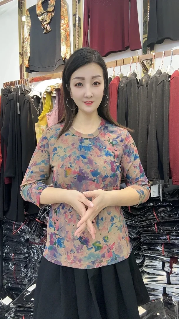 弹力面料新款圆领七分袖大码显瘦女装上衣