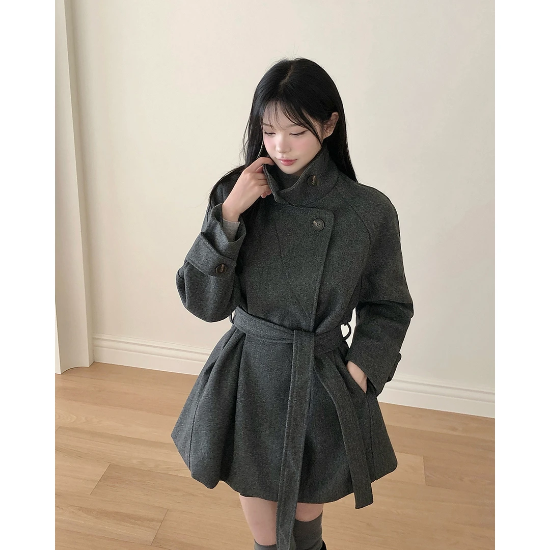 韩国chic 冬季系带呢子大衣外套