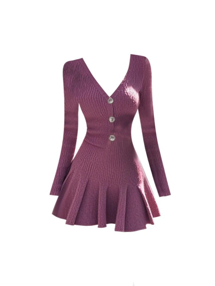 初秋温柔富家千金穿搭轻奢高级感巨好看精致小个子紫色针织连衣裙