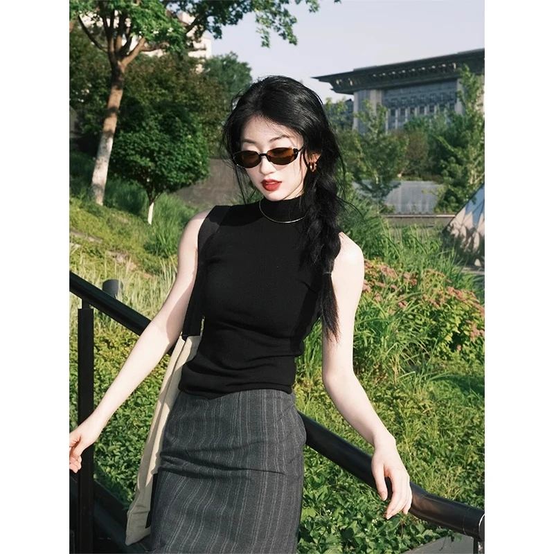 黑色半高领针织背心女2025夏季新款外穿百搭修身显瘦无袖吊带上衣
