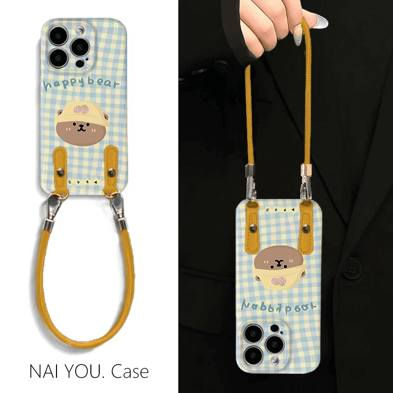 格纹帽子小熊适用于苹果16promax/15华为P70vivooppo菲林手机软壳