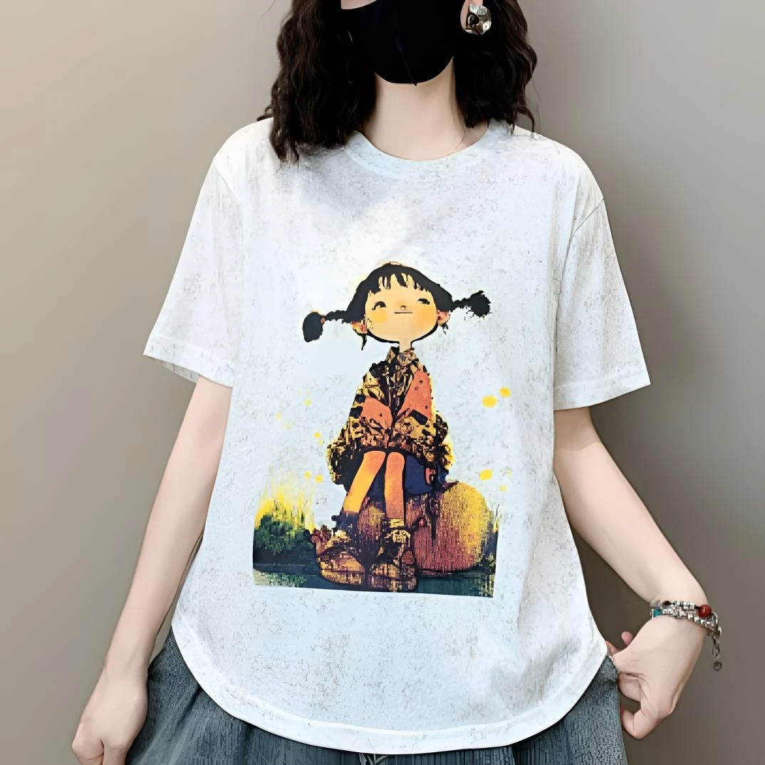 夏季韩版新款短袖显瘦设计感卡通落肩袖半袖宽松T恤白色时尚休闲