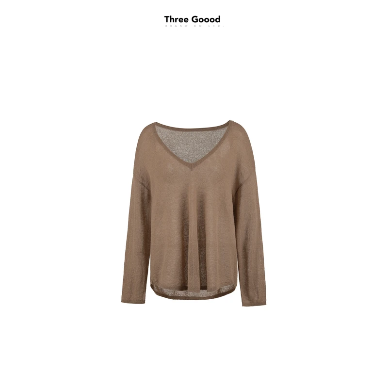 THREE GOOOD/三吉16%羊驼毛38%绵羊毛深V领薄透套头毛衣SZZ241259