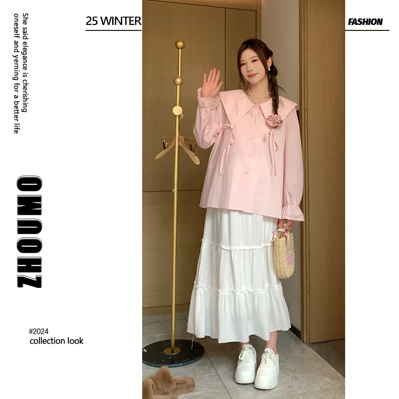 【甜心挚爱】ZM穿搭&孕妇甜美款飞机领衬衫搭时尚宽松半身裙二件套