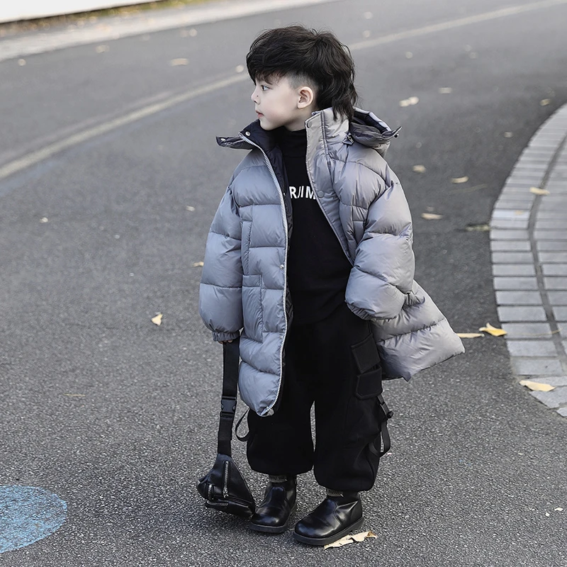 【现货】SUPERJIMMY 新年战袍 冬季儿童黑灰拼色帽子可卸长款羽绒服