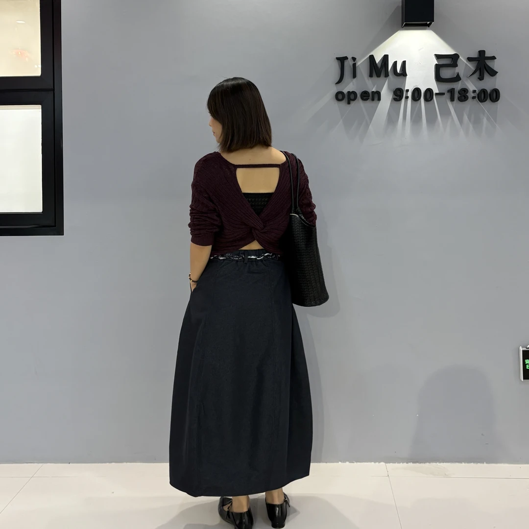 慵懒纯欲扭结露背防晒圆领独露背长袖针织T恤+秋季新款半身南瓜裙