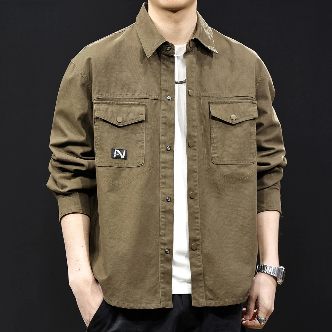 春秋户外休闲潮牌工装纯棉衬衫男士春季2025新款长袖休闲衬衣外套