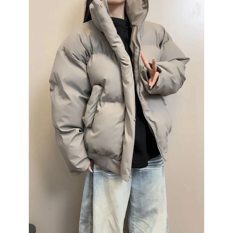 美式短款pu皮棉服男冬季cleanfit加厚保暖面包服重磅立领棉衣外套