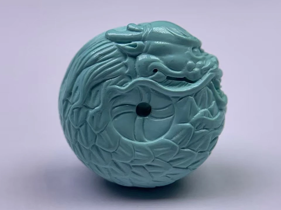 湖北十堰天然原矿绿松石果冻料精工龙扣天空蓝文玩配饰