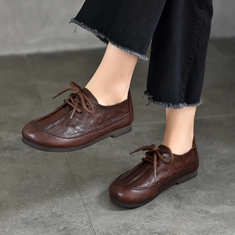 2025春款复古手抓纹头层牛皮圆头平底单鞋女软底系带深口女鞋真皮