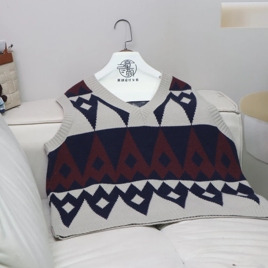 【13345】高品质原创设计杏色百搭复古撞色针织马甲D