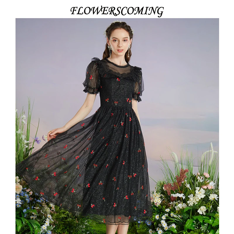 花儿开了2025夏季新款波点网纱樱桃刺绣修身高腰公主裙FMXL368